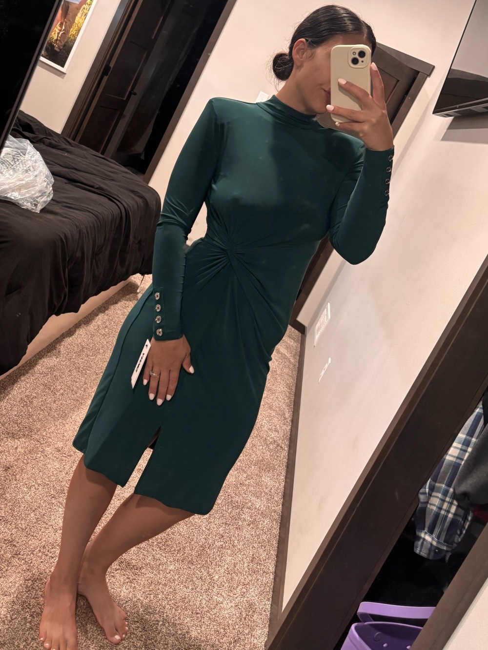 Long-Sleeve Twist-Waist Midi Dress DKNY